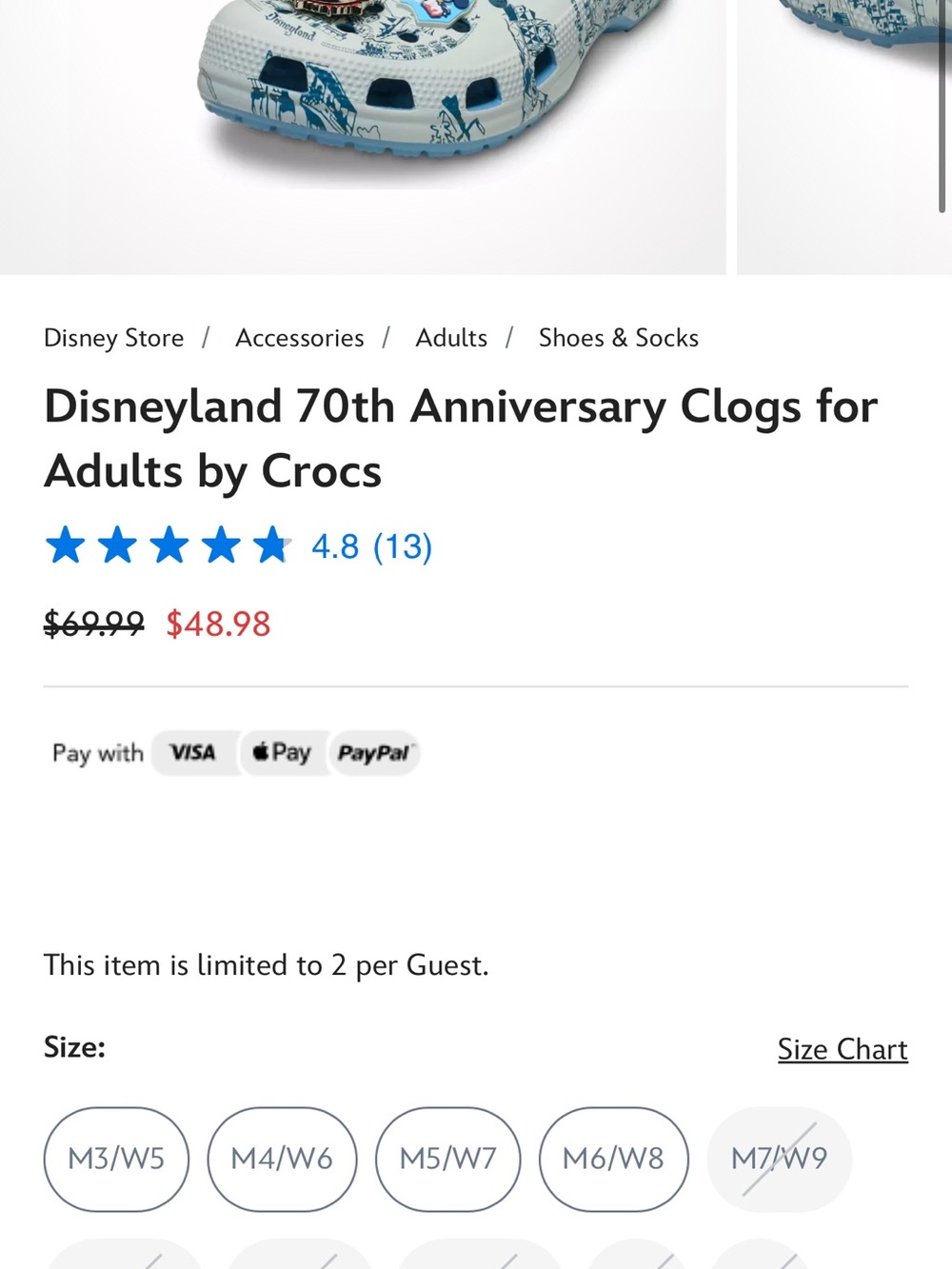 CROCS Light Blue and Navy Disneyland 70th Anniversary Clogs